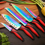 Kitchen Knife Set Kit | Red Handle & Black Magnetic Rack