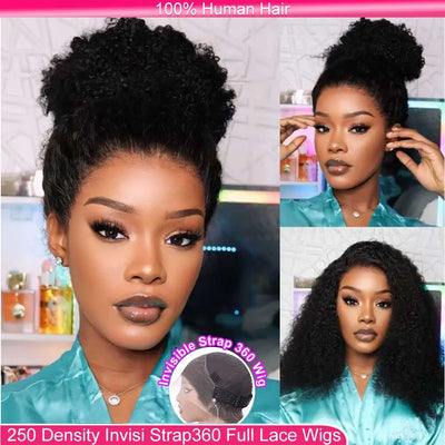 Invisible Strap 360 HD Full Lace Wig Human Hair Pre Cut Lace 250 Density Deep Curly 360 Lace Front Wig Preplucked Glueless Wig