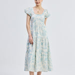 Puff Sleeve Tiered Maxi Dress in Blue Florals