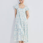 Puff Sleeve Tiered Maxi Dress in Blue Florals
