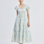 Puff Sleeve Tiered Maxi Dress in Blue Florals