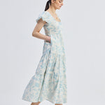 Puff Sleeve Tiered Maxi Dress in Blue Florals