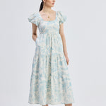 Puff Sleeve Tiered Maxi Dress in Blue Florals