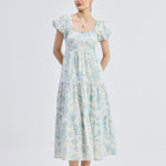 Puff Sleeve Tiered Maxi Dress in Blue Florals