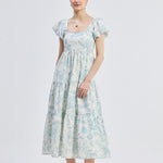 Puff Sleeve Tiered Maxi Dress in Blue Florals