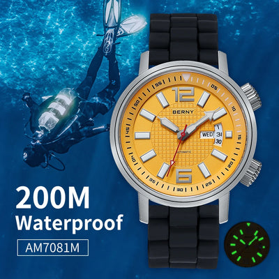 BERNY 20ATM Diver Automatic Mechanical Watch for Men Super Luminous Waterproof Swimming Dive Wristwatch Sapphire Self Wi