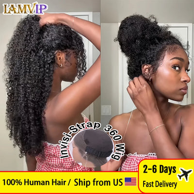 Glueless 250 Density HD Invisi Strap 360 Full Lace Frontal Kinky Curly Wig 30 inch Black Human Hair Drawstring Snug Wate
