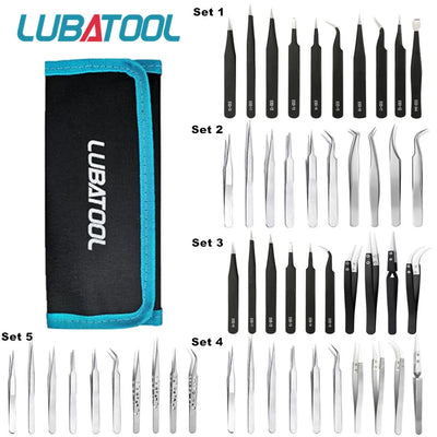 10 Pcs Tweezers Set Bag Stainless Steel Anti-Static Precision Tweezers Kits for Electronic Mobile Phone Repair Tools Hand Tools