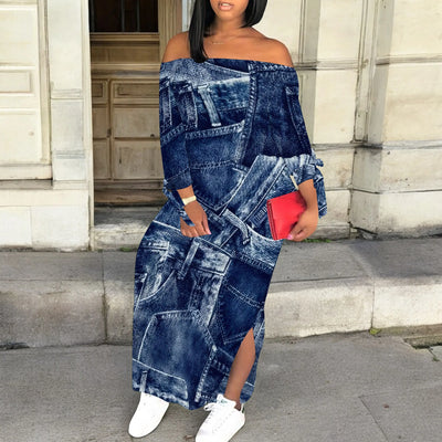 Denim Retro Print Long Sleeve Slim Fit Elegant Casual Slit One-Shoulder Neck Dress