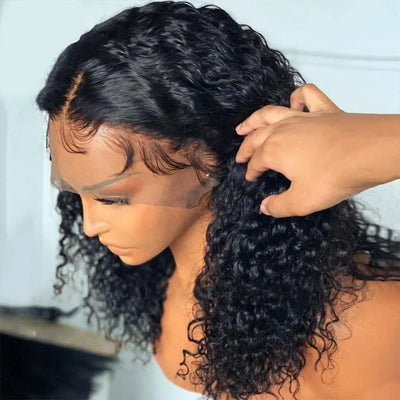 Brazilian 100% Human Deep Curly Bob Hair Wigs Natural Black Color Deep Wave HD Lace Front Part 13x4 Transparent Lace Wig
