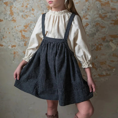 Retro Black Plaid Girls Pinafore Dress 2025 Summer New Children's Cotton Casual Loose Adjustable Straps Dresses TZ288