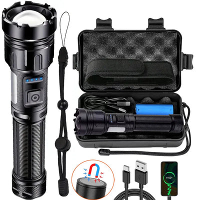 Aluminum Alloy Rechargeable Flashlight LED Tactical Zoomable Flashlight with Strong Magnet for Camping Built in 18650 Battery