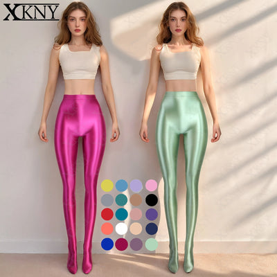 XCKNY glossiness series Seamless front crotch opaque pantyhose shiny wet look tights slim high yoga swim sport oil glossy pants