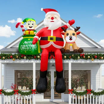 OurWarm 8FT Christmas Inflatable Outdoor Decorations,Sitting Santa Claus with Elv