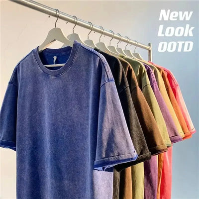 American Style Retro Heavyweight Solid Color Short Sleeved T-shirt Men Women Summer Street Trendy Washed Old Oversized C