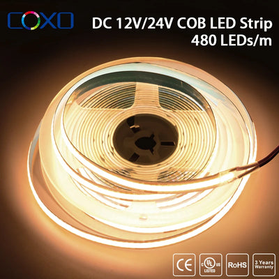 UL Listed COB LED Strip Light 320 480 LEDs/m 16.4ft High Density Flexible Tape Ribbon 3000-6500K RA90 Led Lights DC12V 2