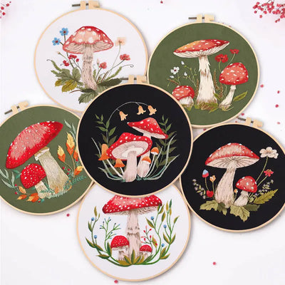Mushroom Embroidery Kit DIY Needlework Free Happy Needlecraft for Beginner Cross Stitch Artcraft Tools Punch Needle Hoop