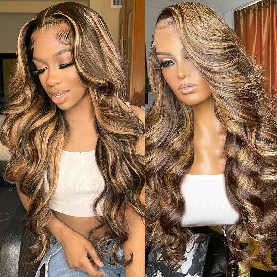 13x4 13x6 Hd Highlight Body Wave Lace Front Wig For Women Remy P4/27 Ombre Human Hair Lace Frontal Human Hair Wigs Choice Glue