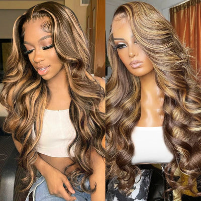 13x4 13x6 Hd Highlight Body Wave Lace Front Wig For Women Remy P4/27 Ombre Human Hair Lace Frontal Human Hair Wigs Choice Glue