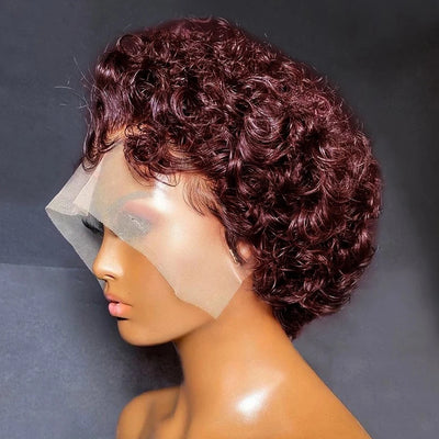 99J Burgundy Highlight Honey Colored Short Curly Pixie Cut Lace Wig Pre plucked Bob Wig 13x2 Lace Front Curly Human Hair