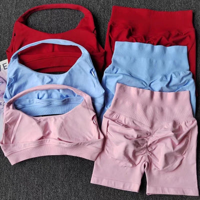 2 Pieces Yoga Suit for Women Seamless Fitness Gym Clothes Halter Sports Bra Matching Impact Shorts Workout Sets Gym Outf