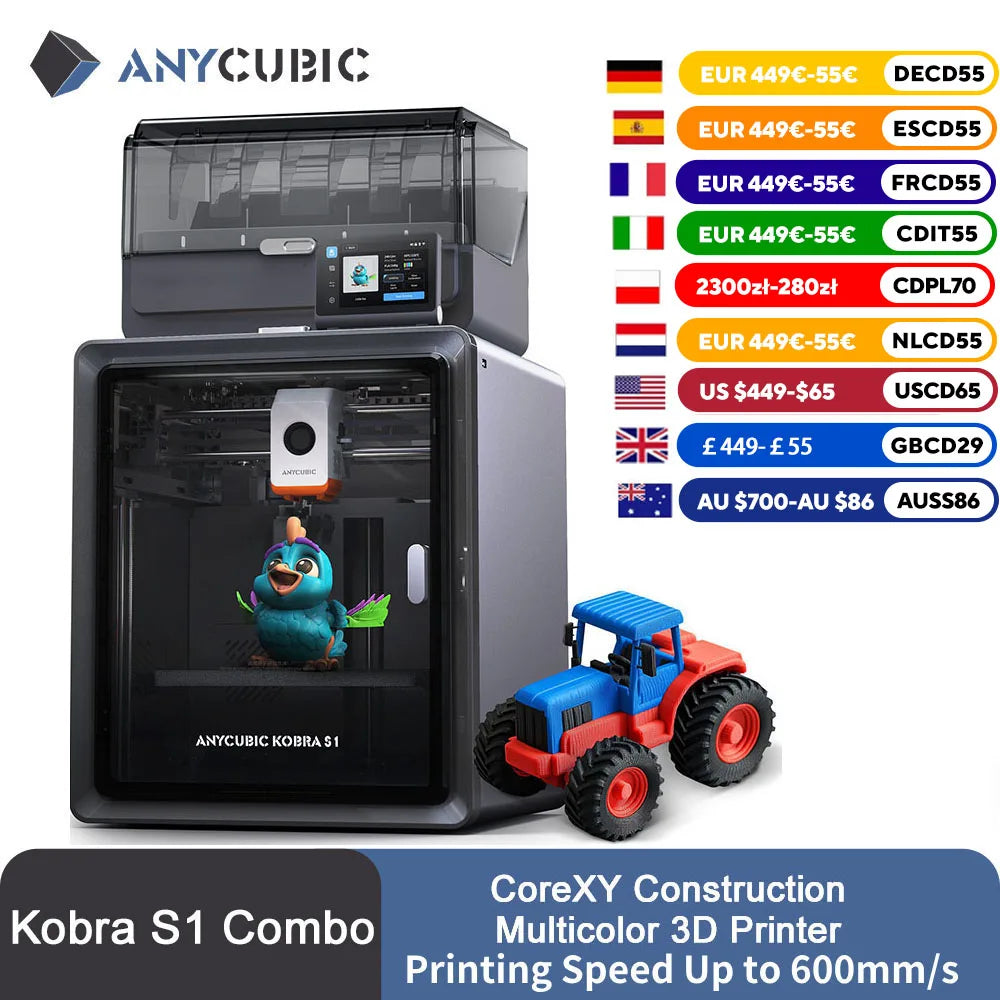 Anycubic Kobra S1 Combo AE Version Multi-Color 3D Printer Max Speed 600mm/s Core XY Stable Structure High Precision  3D Printer