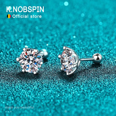 KNOBSPIN Moissanite Stud Earrings 18K White Gold Plated Sterling Silver D VVS1 Round Cut Lab Diamond Screw Ear Studs For
