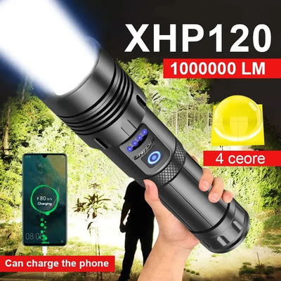 Super XHP120 Powerful Led Flashlight XHP90 High Power Torch Light Rechargeable Tactical Flashlight 18650 TYPE-C Camping Lamp