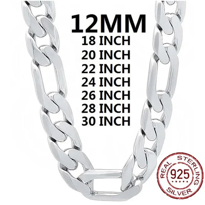Solid 925 Sterling Silver Necklace For Men Classic 12mm Cuban Chain 18-30 Inch Charm High Quality Fashion Jewelry Weddin