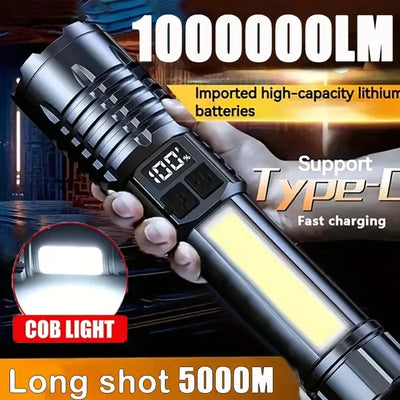 Portable High Power LED Flashlight Powerful TYPE-C Rechargeable COB Flashlight With Side Light Torch For Outdoor Camping