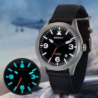 BERNY Pilot Titanium Automatic Watch for Men Sapphire AR Coated 10Bar Supper Luminous Men Wristwatch Sports Aviation Men