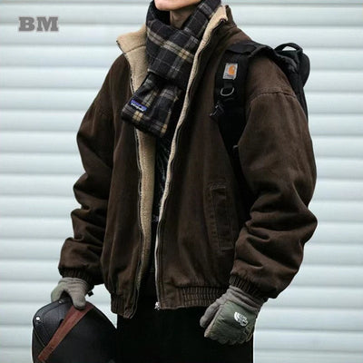 Japanese Vintage Polar Fleece Jacket Men Winter High Quality Thick Jacket Korean Streetwear Loose Couple Trendy Warm Coa