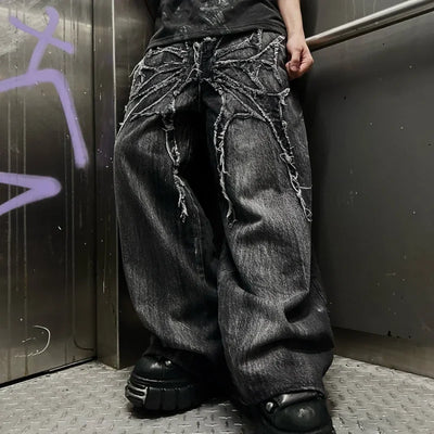 Gothic Retro Oversized Baggy Fit Unisex Mopping Pants Y2K Phantom Jeans High Street Spider Embroidered Patch Hip Hop Str