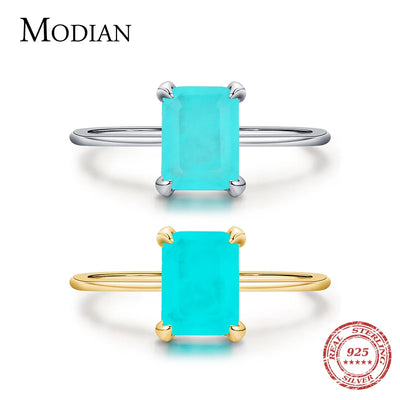 Modian Authentic 925 Sterling Silver Classic Rectangle Tourmaline Paraiba Female Finger Ring For Women Charm Fine Jewelr