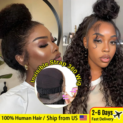 250% 36-30 inch 360 Full Lace Wig 100% Human Hair Drawstring Adjustable Hd Lace Invisi Strap Kinky Curly Deep Water Glue