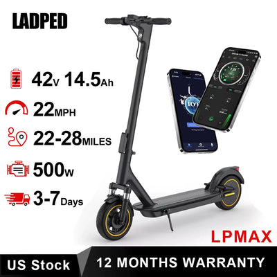 LADPED LPMAX 10" Solid tires Folding Electric Scooter 22MPH 500W 14.5AH 28Miles Super Long Range Dual Shock Absorber EScooter
