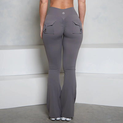 BUM Grey Pocket Flare Scrunch Butt Pants PB Women Tight-Fit Sexy Slim High Waist Pants Push Up Sport Fitness Flare Leggi