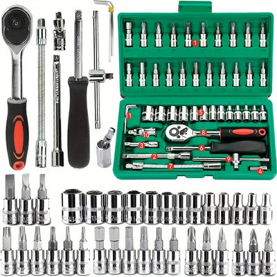 46pc Drive Socket Set 1/4 inch Ratchet Wrench Set with Sockets Metric Hex Bit Socket Set Mechanic Tool Kits for Auto Rep