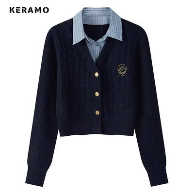 2024 Spring Autumn Preppy Style Badge Embroidery Knitted Cardigan Women Single Breasted Fake Two Pieces Long Sleeve Swea