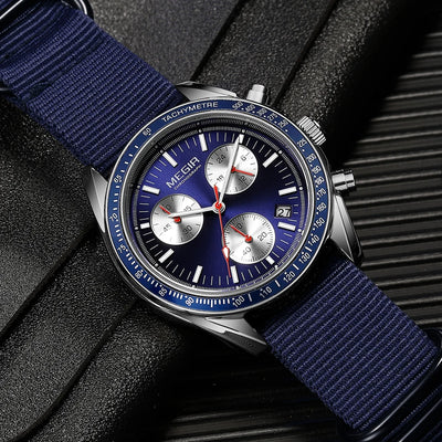 MEGIR Triple-eye Quartz Watch for Men's Nylon Braided Strap Waterproof Luminous Sports with Chronograph Fashion Wristwat