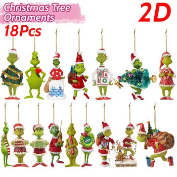 18Pcs 2D Acrylic Christmas Tree Green Monsters Ornaments Cute Green Monsters Chri