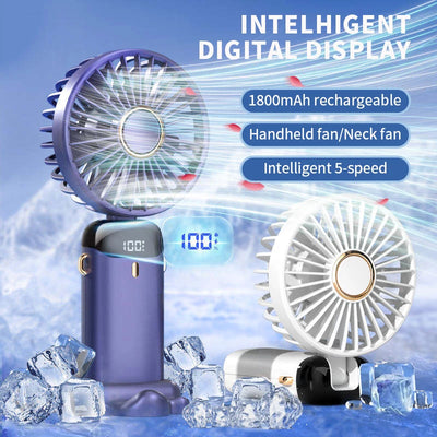 Handheld Mini Fan Foldable Portable Neck Hanging Fans 5 Speed USB Rechargeable Fan with Phone Stand and Display Screen 1
