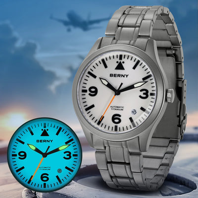 BERNY Pilot Titanium Mechanical Men Wristwatch Sapphire AR Coating Supper Luminous 10Bar Sport Watch Titanium Aviation W