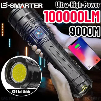 Ultra Bright LED Flashlight Powerful Tactical Torch 15000mah Built-in Battery Emergency Camping Spotlights With Tail Lig