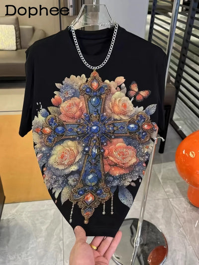 2025 Spring New Loose Chic Tees Round Neck Short Sleeve Hot Diamond T-Shirts Men's Fashion Versatile Casual Quality Tren