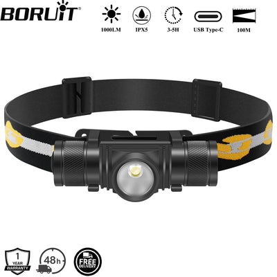 BORUiT D10 1000LM LED Headlamp Powerful Lightweight Headlight Type-C Rechargeable Head Torch Waterproof Camping Fishing