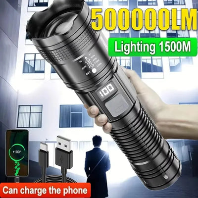 Super Bright Flashlight Built-in Battery USB C Rechargeable LED Flashlights 500000LM High Power Torch Lamp for Camping L