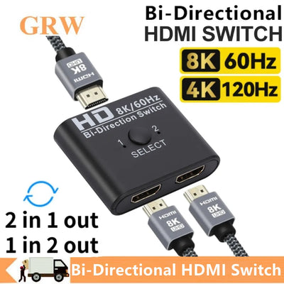 8K 60Hz HDMI-Compatible Switch Splitter Bi-Direction 1x2/2x1 HDMI-compatible Switcher 2 in1 Out for PS4 TV Box Switcher