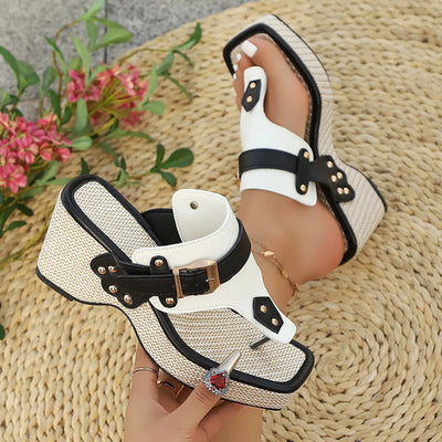 2025 plus-size fashionable summer new height-increasing thick-heeled metal buckle slippers with a one-shoulder beach fli
