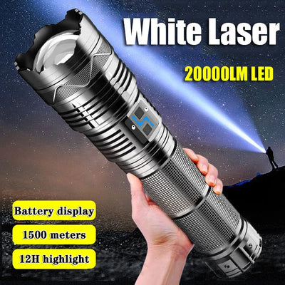 High Power White Laser Flashlight Super Bright LED Spotlight Long Range Torch Zoom Emergency Outdoor With Battery Indica